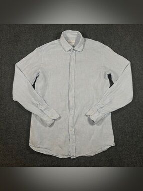 Massimo Dutti 100% Linen Button Up Shirt Collar Long Sleeve Blue Striped Medium